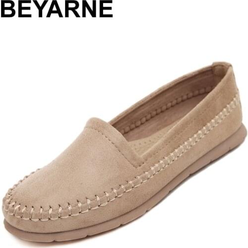 BEYARNE Nubuck Leather Women Flats Slip On Casual Flat Shoes Woman Soft Women Mocassin Boat Shoes Footwear Sapato Feminino