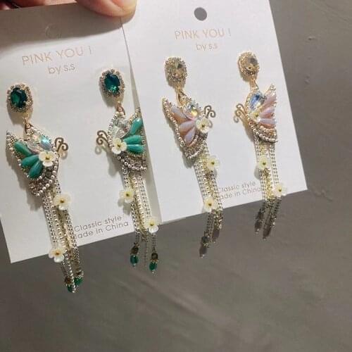 Korean Colorful Butterfly Long Tassel Drop Earrings For Women Waterdrop Crystal Holiday Pendientes Jewelry