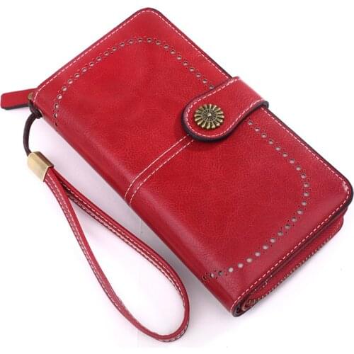 Retro Oil Wax Skin Leather Womens Long Wallet Hollow Out Buckle Wallets Credit Card Clutch Purse Card Bag Luxury Clutch Purses