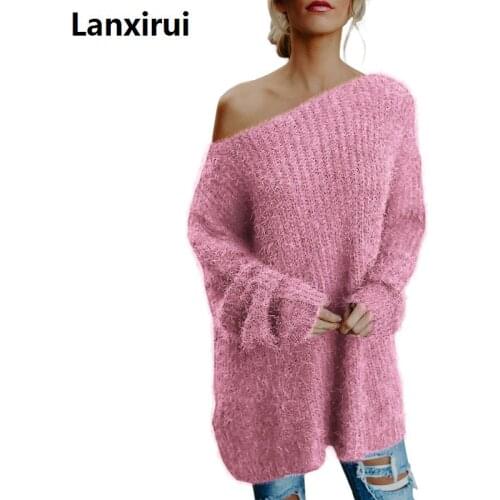 Women Long Sleeve Sexy Off Shoulder Sweater Faux Fur Blouse Top Dress Autumn and Winter Basic Pullover Sweaters for girls
