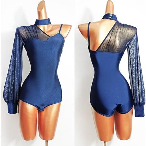 Latin Dance Tops Blue One Shoulder Bubble Sleeve Leotards Ballroom Dance Competition Tops Women Latin Practice Clothes VDB2782