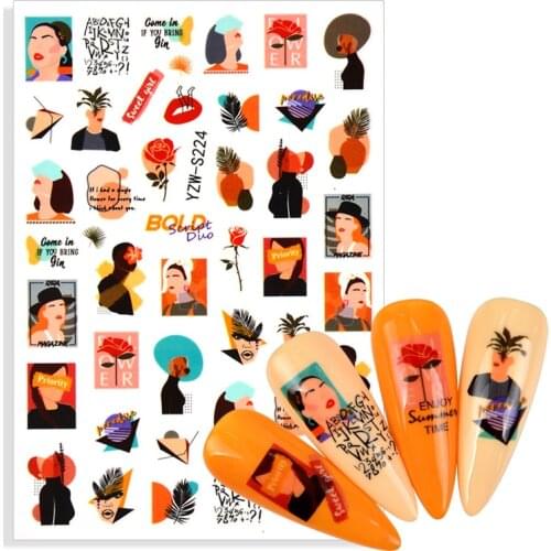 3D Nail Stickers Flower Graffiti Abstract Sexy Woman Face Photo Frame Design Adhesive Nail Art Decor Manicure Stickers For Nails