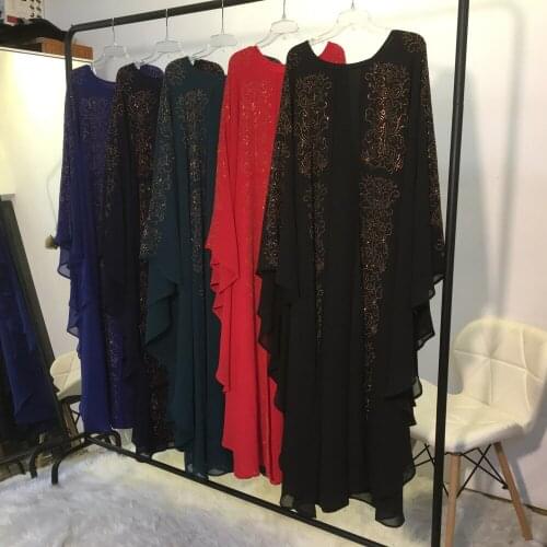 Abaya Rhinestone Batwing Sleeve Arab Jilbab Open Kimono Turkish Chiffon Muslim Women Maxi Robe Loose Bangladesh African Clothes