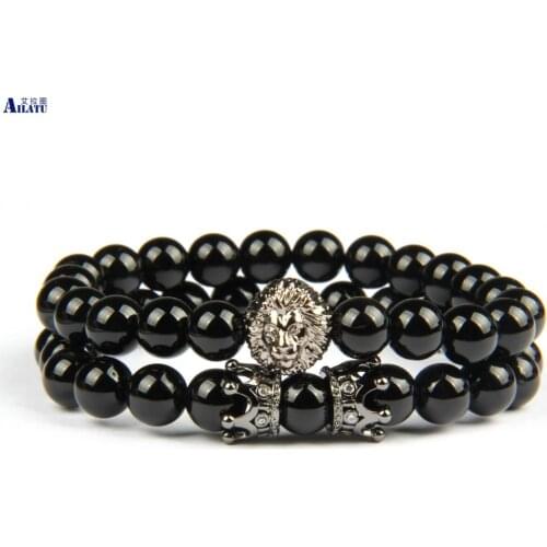 Ailatu New Sets Lion Head Cz Crown Beaded Bracelets Wholesale 10 sets/lot 8mm Natural Black Onyx Stone Beads Men Jewelry
