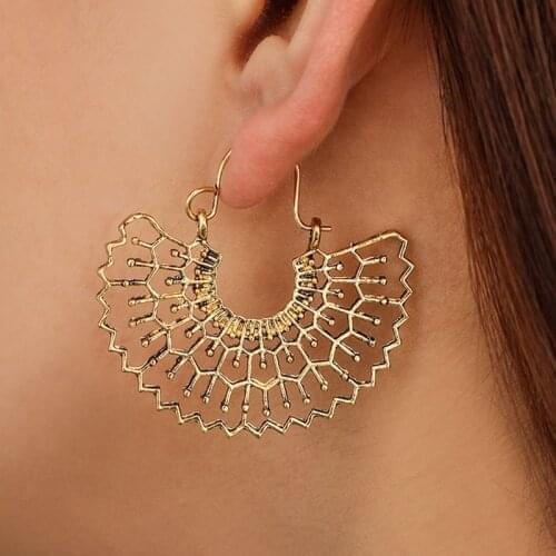 Bohemian Vintage Ethnic Earrings Tibetan Silver Spider Web Semicircular Pattern Carved Water Drop Fan Shaped Dangle Earrings