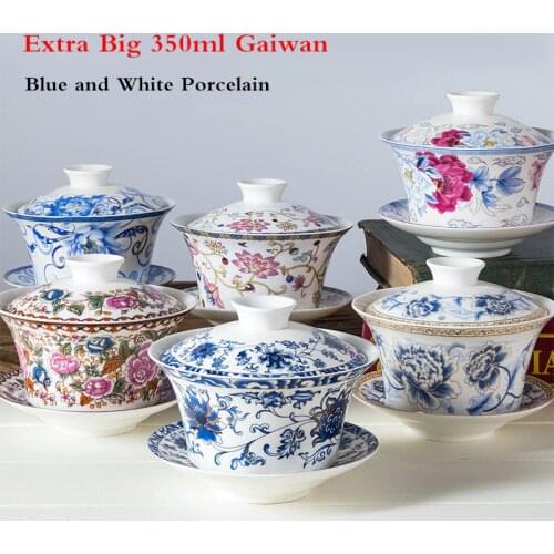 350ml Extra Big Sancai GaiWan Chinese Old Beijing Tea Bowl Jingdezhen Blue and White Porcelain Tea Cup and Saucer Set