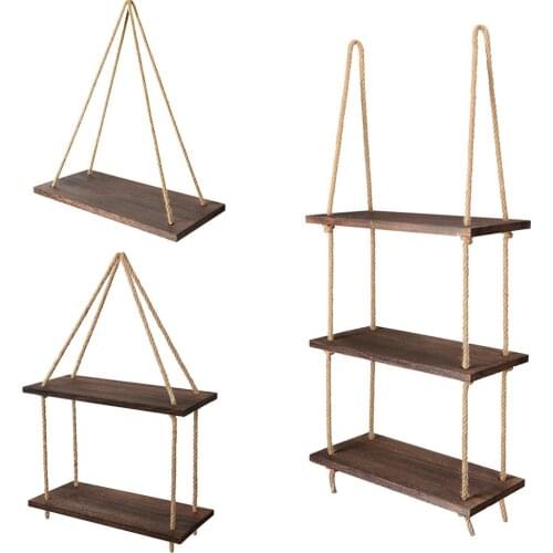 Jute Rope Floating Wall Hanging Shelves Wood Window Shelf Rustic Storage Rack Home Decor Plants Photos Decorations Display