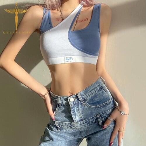 Fake Two T-Top Womens Blue Patchwork Crop Tops High Street Sexy Sleeveless Slim Tank Vest Party Club Skinny Crop Tanks Female