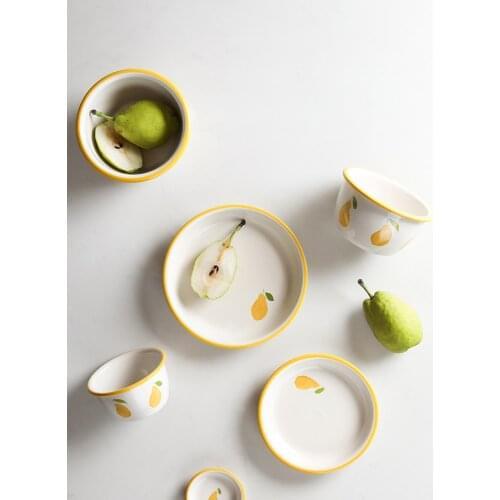 Ceramic 4.5inch bowl fruit pear printed under glazed 3.3inch saucer 6.5 inch plates 6inch noodle bowls ins popular cutlery