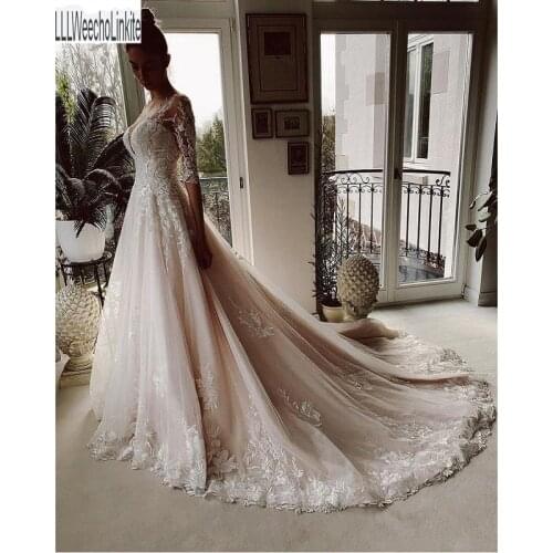 Luxurious Half Sleeves Tulle Lace Appliques Princess Bridal Gowns Floor-Length A-Line Wedding Dresses Chapel Train