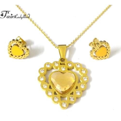 FairLadyHood Hollow Heart Zircon Pendant Necklace Earrings Stainless Steel Gold Color Women Jewelry Set For Valentines Day Gift