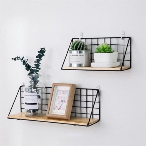 Metal Wall Hanging Shelf Punch-free Flower Pot Holder Iron Ornament Storage Holder Book Magazines Rack Home Decor with Wood Base