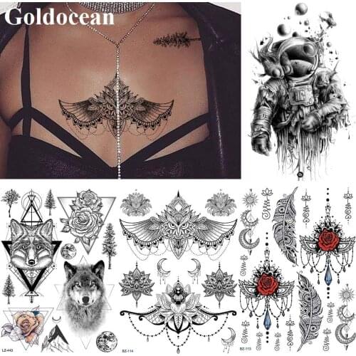 Fashion Chest India Totem Owl Tattoos Temporary Women Waterproof Black Henna Flower Tatoos Stickers Custom Body Arm Fake Tatoos
