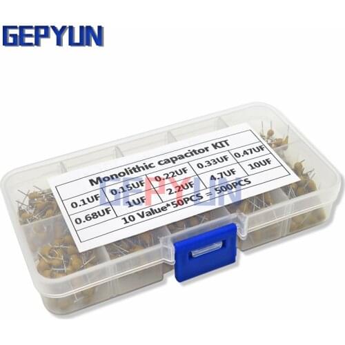 500PCS/lot Multilayer Ceramic Capacitor Assortment Kit 10Values*50PCS 0.1uF-10uF(104~106) 50V Ceramic Capacitors Set pack