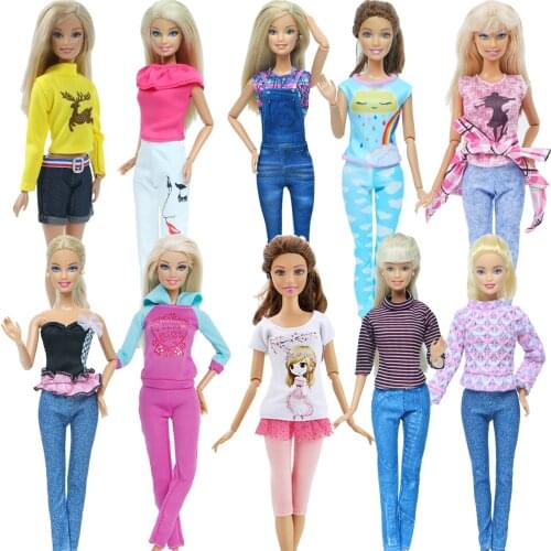 Random 10 Pcs = 5x Blouse + 5x Bottoms Trousers Pants Lady Outfits Girl Daily Wear Dollhouse Accessories Clothes For Barbie Doll