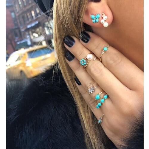 Stud Earing Ring Set For Women Jewelry Butterfly Blue Bead 8 Pairs Set For Girls Crystal Simple Style 017