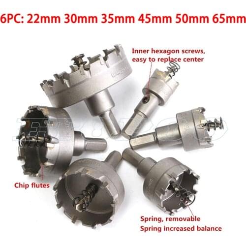 6Pcs/Set 22-65mm Carbide Drills Bit Hole Saw Set Perforator Metal Stainless Steel Tube Plate for Reaming Drill Bit