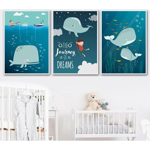 Whale Wall Art Baby Kids Room Decor Poster Cartoon Cute Animal Canvas Picture Nursery Decoration Paintings Frameless
