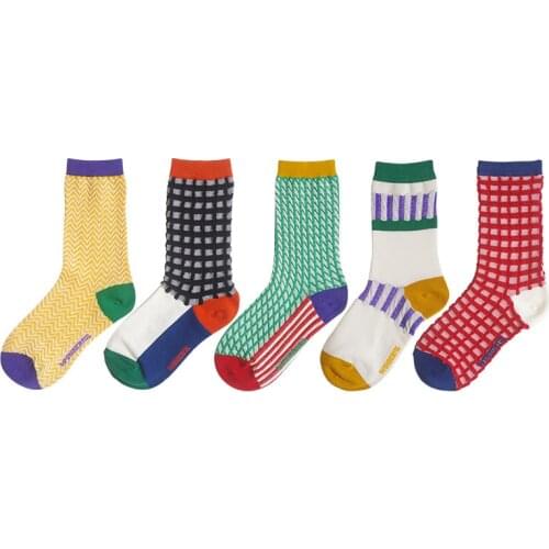 Harajuku Original Design Playful Combination 5 Pairs A Lot Women Cotton Socks Corrugated Lattice For Summer Autumn Winter Spring