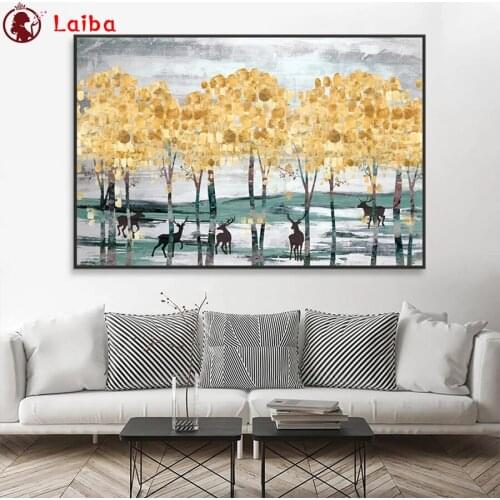 Full drill Diamond painting Abstract art, golden tree, deer landscape Diamond embroidery Cross stitch resin office wall decor