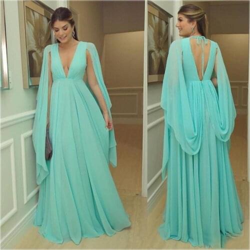 Simple Ice Blue Chiffon Evening Dress V-Neck Cap Sleeves Arabic Formal Prom Party Dresses vestidos de festa