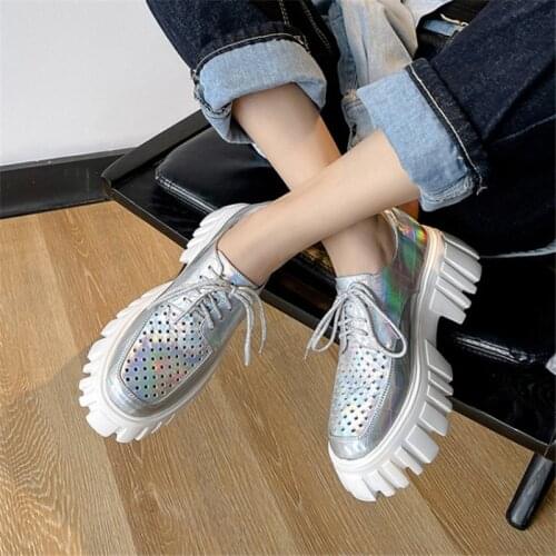 PXELENA Spring Fall 2021 NEW Natural Genuine Leather Creepers Women Chunky Platform Shoes Lace Up Hollow Breathable Oxfords Lady