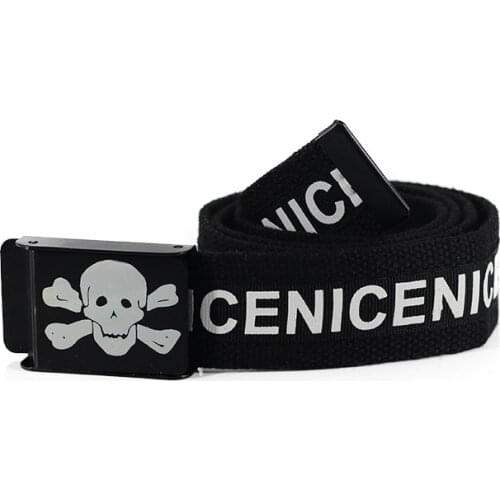 Trendy Skull Canvas Mens Womens Belts Metal Buckle Head English Letters Printed Black White Lovers Student Youth Belts