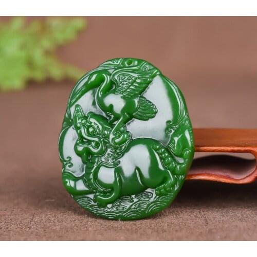 Hand-carved Natural Green Fairy Crane Pi Xiu Jade Pendant Jewelry Necklace Spinach Green Fairy Crane Pendant Jade Pendant Brand