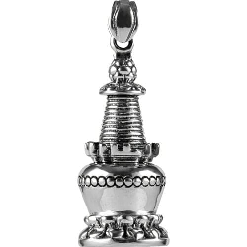 Tibetan Buddhist Supplies S925 Sterling Silver Gawu Box Pendant Stupa Bodhi Pagoda Necklace Can be Opened to Hide
