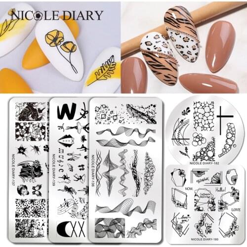 NICOLE DIARY Plant Flower Nail Stamping Plates Geometric Line Wave Pattern Nail Art Image Stamp Stencils Templates Nail Tool