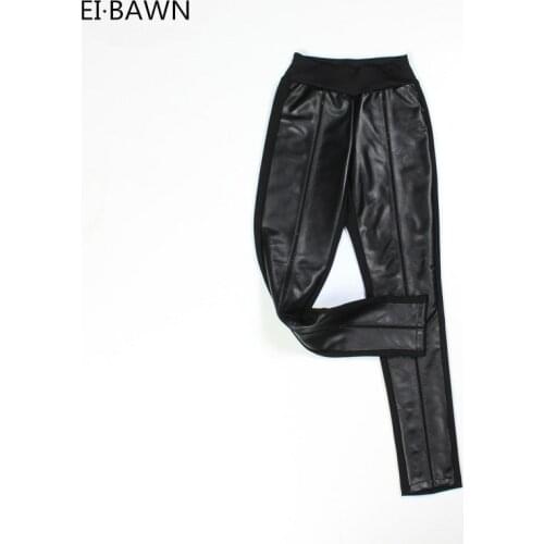 2020 New Arrival Women Pants Female Sheep Skin Slim Pants Black Elastic Waist High Waist Casual Trousers Streetwear Korean Style