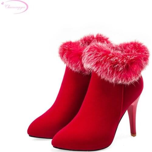 Chainingyee nobility autumn ankle boots fashion rabbit hair zipper black white red purple high-heeled womens riding boots
