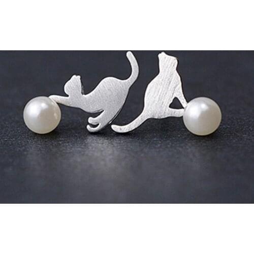 REETI 925 sterling silver Cat pearl asymmetric Stud Earrings for Women Elegant Wedding Jewelry pendientes mujer moda Brincos