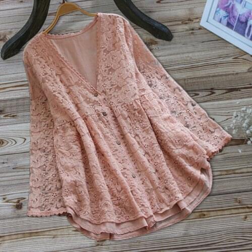 0061 Autumn Women Fake Two-Piece Cardigan Lace Hook Flower Hollow VNeck Sexy Sweet Ladies Long Sleeve Tshirt Beach Party Clothes