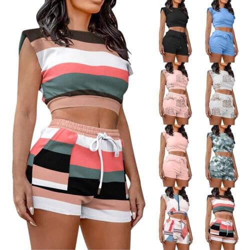 Womens Tracksuit Printing O-Neck Sleeveless Vest Crop Tops Drawstring Shorts Sports Two-piece Suit Summer Casual Shorts Sets