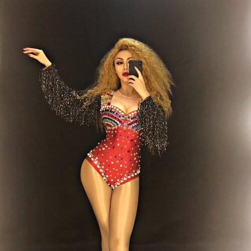 Women Sexy Red Bodysuit Full Colorful Sparkling Crystals Pearls Nightclub Party Stage Wear Dancer Singer Bling Dance Costumes