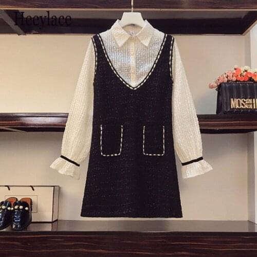 Plus Size women Autumn Winter patchwork tweed Shirt Dress office ladies Elegant Fashion dresses women long sleeve Tweed Dress