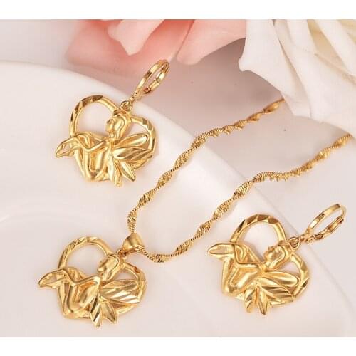 Gold Dubai lovely HeartElves Butterfly Pendant Necklace Earrings Sets Wedding gold PNG Jewelry Sets for women bridal girl gift