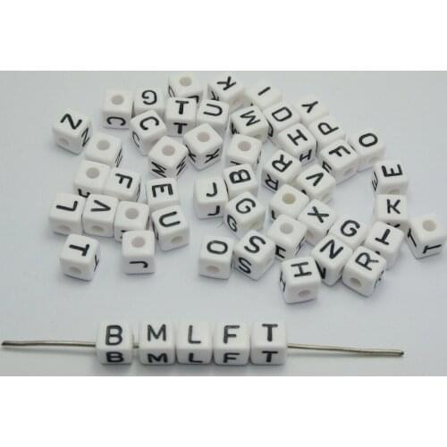 100 White with Black Assorted Alphabet Letter Cube Beads 9X9mm