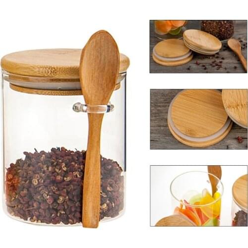 2021 New Sugar Bowl with Bamboo Lid and Spoon Clear Glass Canister Jar for Kitchen Storag