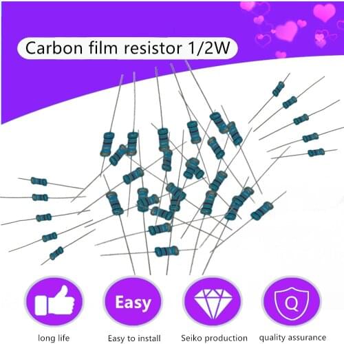 50Pcs 1/2W Carbon Film Taping Resistor Plug-in Resistors Assorted 1K 10K 220R 121 Values Full Ohm Resistance Fout-Color Ring 5