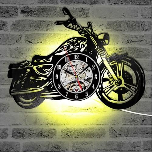 Motorcycle Accessories Retro Wall Clock Motorcycle Rider Vinyl Record Wall Clock Bar Motorcycle Club Wall Decor LED Illuminated