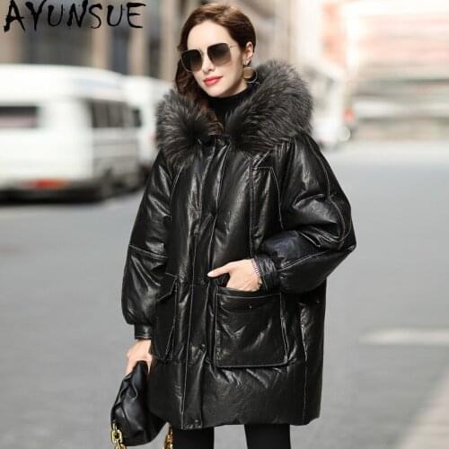 AYUNSUE 2020 Womens Leather Jacket Real Cowhide Coat Female 90% White Duck Down Jackets Raccoon Dog Fur Collar Cuero Genuino 78