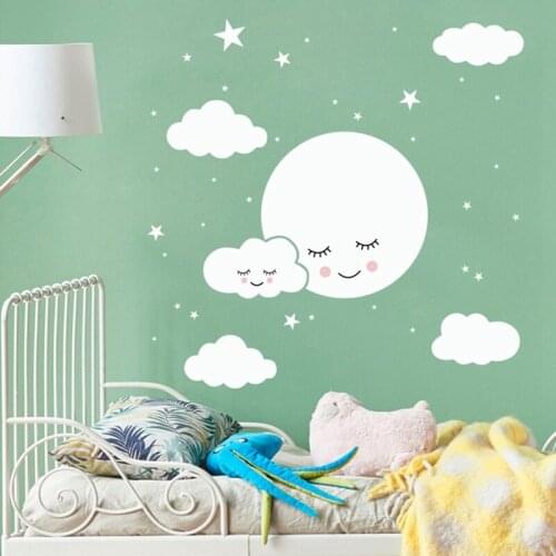 White Cartoon Smiley Cloud Stars Wall Sticker Kids Baby Rooms Decorations Mural Bedroom Wallpaper Home Decals Nursery Stickers
