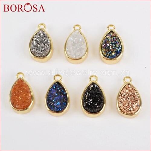 BOROSA Drusy Crystal Charm Bead Gold Color Bezel Teardrop Rainbow Titanium Druzy Charm Pendant for Necklace for Earrings ZG0155
