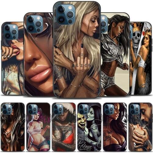Sexy Sleeve Tattoo Girl Phone Case for iPhone 12 Pro 12 Mini 11 Pro Max XR XS MAX 7 8 Plus Silicone Black Cover Coque Bumper