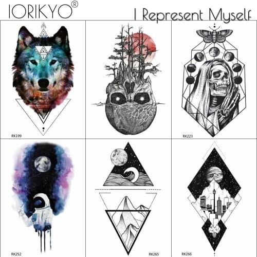 Black Sketch Ghost Branch Moon Geometric Hill Tattoos Temporary For Women Men Tattoo Stickers Body Arm Custom Tatoos Fake Decals