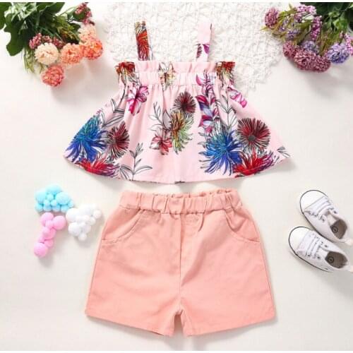 Kid Camisole + Shorts, Kid Girls Sling Off Shoulder Floral Print Elastic Waist Ruffle A-line Version Summer Clothing