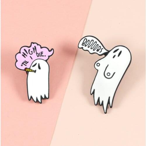 Ghost Enamel Pin Cute Smoking White Boo Ghost Badge Brooch Lapel Pin Denim Jean Shirt Bag Cartoon Jewelry For Friends Kids Gift