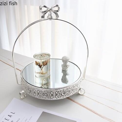 European Metal Mirror Glass Cosmetics Jewelry Storage Tray Wedding Dessert Cake Display Stand Silver Portable Storage Tray Home